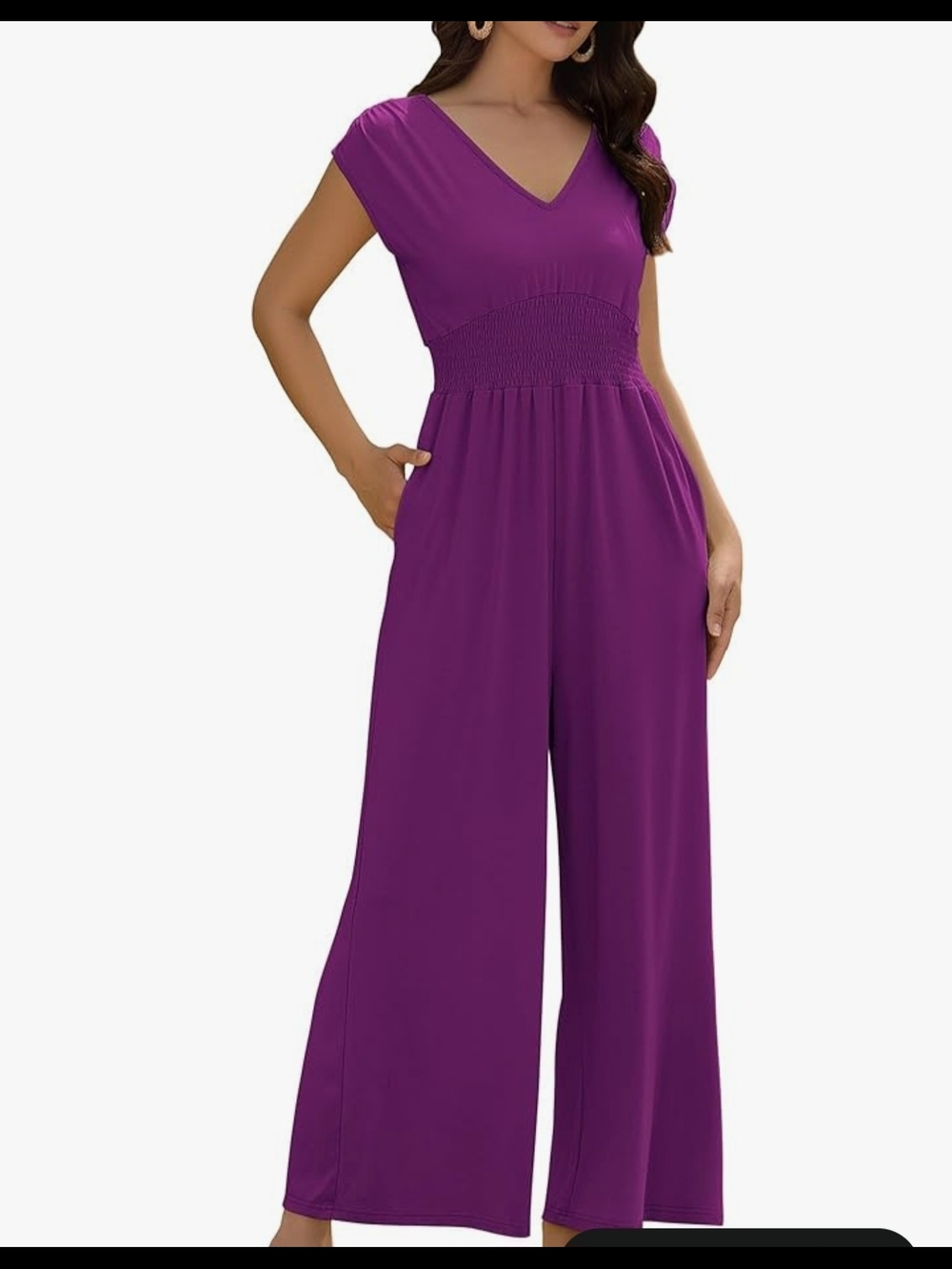 Zaful Purple V-Neck Smocked-Waist Wide-Leg Jumpsuit